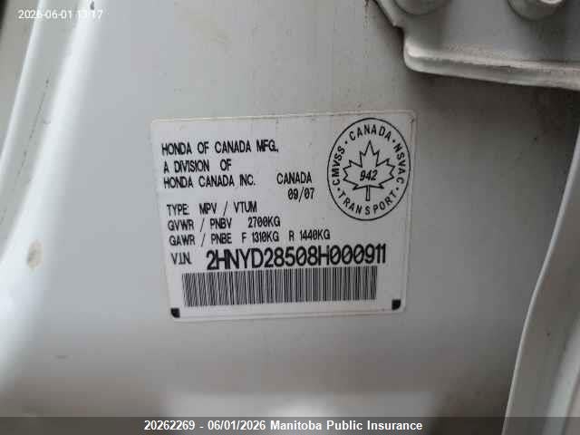 20262269 :رقم المزاد ، 2HNYD28508H000911 vin ، 2008 Acura Mdx Tech مزاد بيع