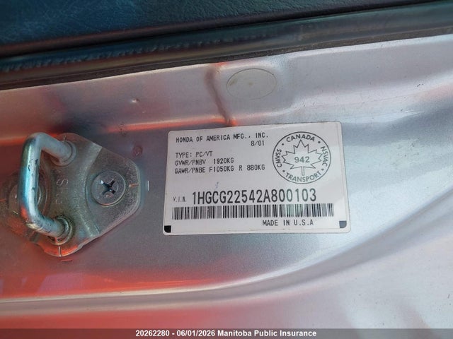 Продаж на аукціоні авто 2002 Honda Accord Ex-v6, vin: 1HGCG22542A800103, номер лоту: 20262280