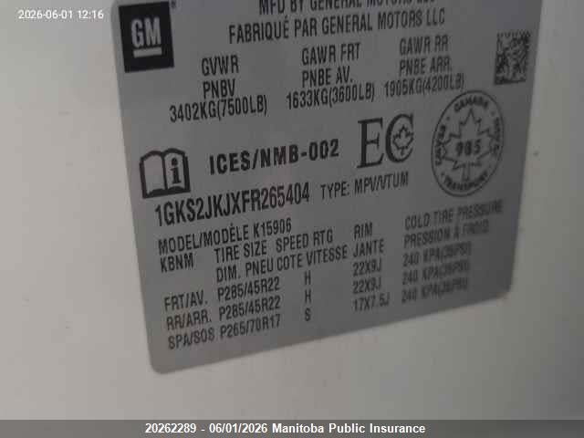 Aukcja sprzedaży 2015 Gmc Yukon Xl Denali, vin: 1GKS2JKJXFR265404, numer aukcji: 20262289