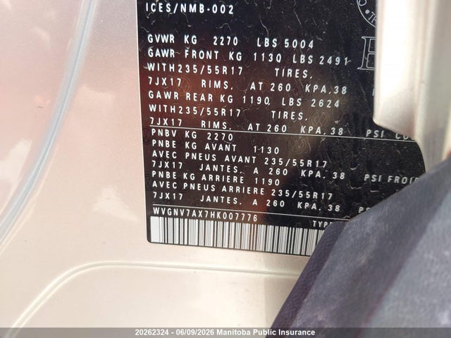20262324 :رقم المزاد ، WVGNV7AX7HK007776 vin ، 2017 Volkswagen Tiguan 2.0 Tsi مزاد بيع
