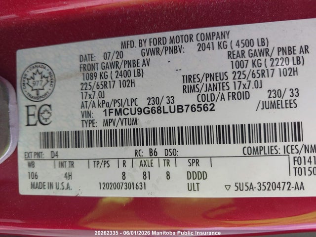 Aukcja sprzedaży 2020 Ford Escape Se, vin: 1FMCU9G68LUB76562, numer aukcji: 20262335