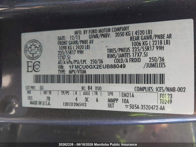1FMCU0GX2EUB88049 Ford ESCAPE SE
