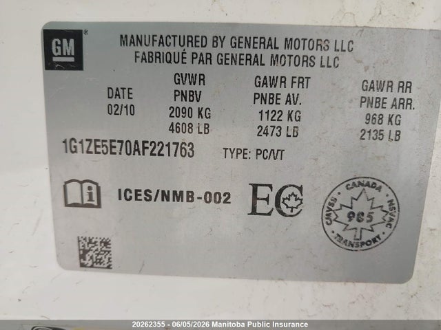 2010 Chevrolet Malibu Ltz V6 მანქანა იყიდება აუქციონზე, vin: 1G1ZE5E70AF221763, აუქციონის ნომერი: 20262355
