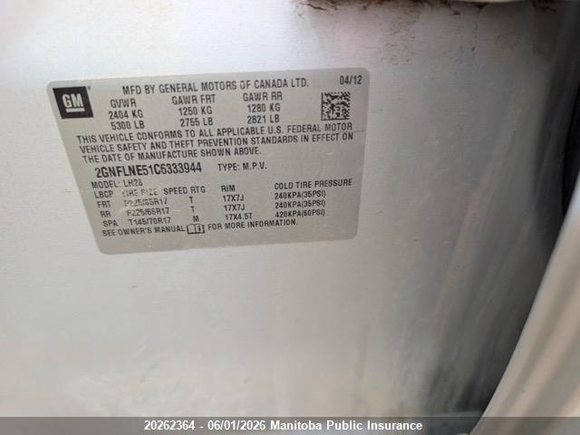Продаж на аукціоні авто 2012 Chevrolet Equinox Lt V6, vin: 2GNFLNE51C6333944, номер лоту: 20262364