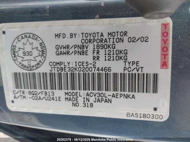 Aukcja sprzedaży 2002 Toyota Camry Le, vin: JTDBE32K020074466, numer aukcji: 20262378