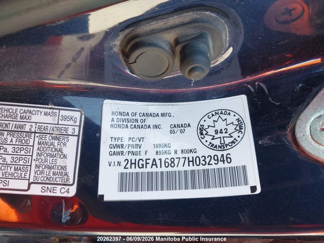 20262397 :رقم المزاد ، 2HGFA16877H032946 vin ، 2007 Honda Civic Ex مزاد بيع