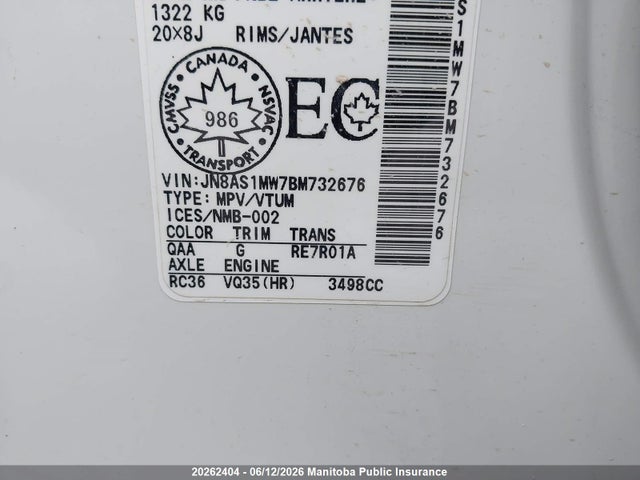 20262404 :رقم المزاد ، JN8AS1MW7BM732676 vin ، 2011 Infiniti Fx35 مزاد بيع