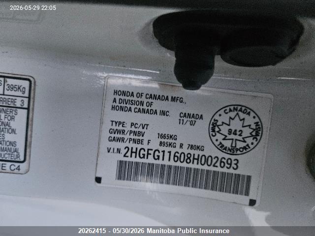 Продажа на аукционе авто 2008 Honda Civic Lx, vin: 2HGFG11608H002693, номер лота: 20262415