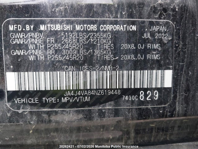 20262421 :رقم المزاد ، JA4J4VA84NZ619448 vin ، 2022 Mitsubishi Outlander Gt مزاد بيع
