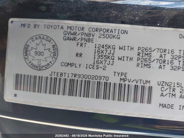2003 Toyota 4runner Limited V8 მანქანა იყიდება აუქციონზე, vin: JTEBT17R930020970, აუქციონის ნომერი: 20262492