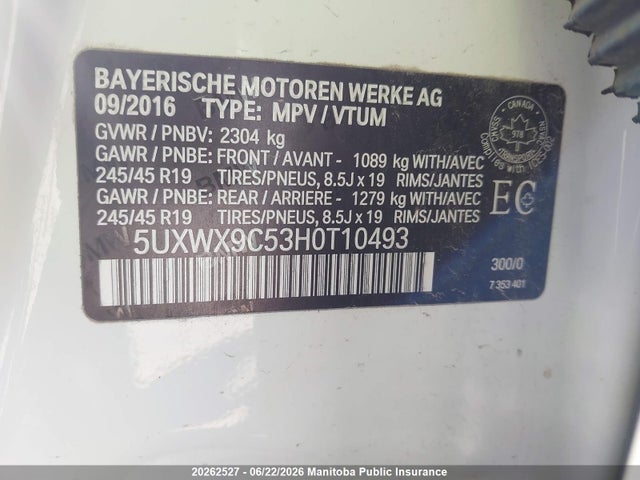 20262527 :رقم المزاد ، 5UXWX9C53H0T10493 vin ، 2017 Bmw X3 28i مزاد بيع