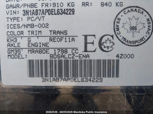 2014 Nissan Sentra 1.8 S მანქანა იყიდება აუქციონზე, vin: 3N1AB7AP0EL634229, აუქციონის ნომერი: 20262539