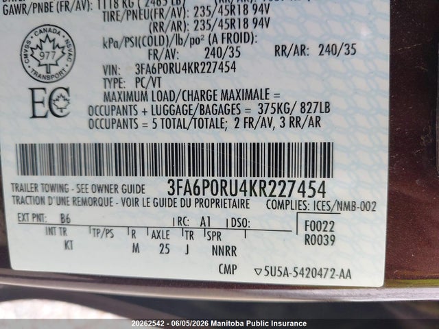 Продаж на аукціоні авто 2019 Ford Fusion Titanium Hybrid, vin: 3FA6P0RU4KR227454, номер лоту: 20262542