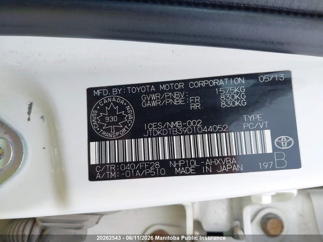 2013 Toyota Prius C მანქანა იყიდება აუქციონზე, vin: JTDKDTB39D1044052, აუქციონის ნომერი: 20262543