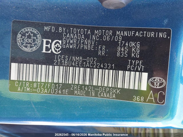 20262545 :رقم المزاد ، 2T1BU4EE1AC224331 vin ، 2010 Toyota Corolla S مزاد بيع