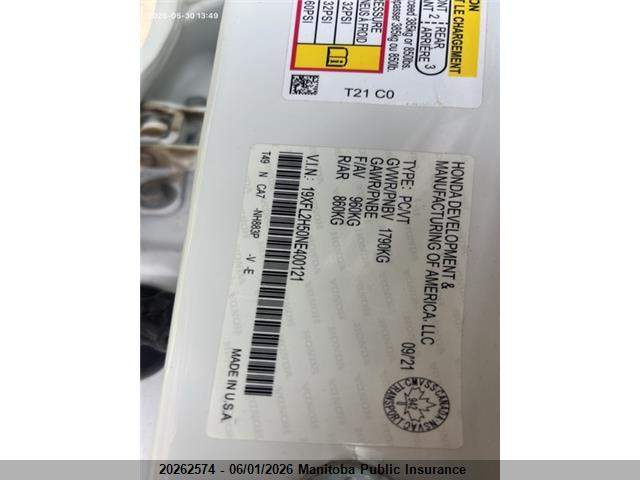 20262574 :رقم المزاد ، 19XFL2H50NE400121 vin ، 2022 Honda Civic Lx مزاد بيع