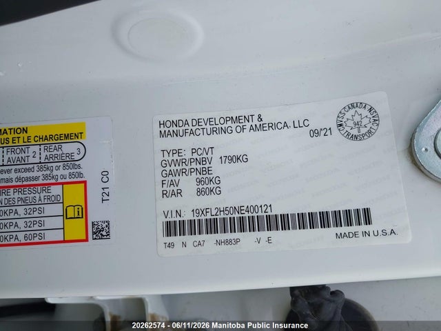 20262574 :رقم المزاد ، 19XFL2H50NE400121 vin ، 2022 Honda Civic Lx مزاد بيع
