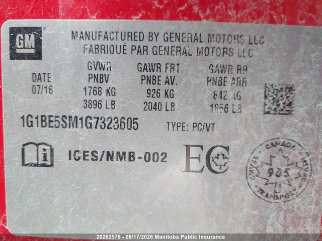 1G1BE5SM1G7323605 Chevrolet Cruze Lt Turbo