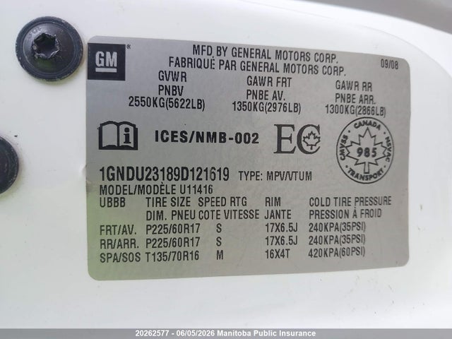 Продаж на аукціоні авто 2009 Chevrolet Uplander Ls, vin: 1GNDU23189D121619, номер лоту: 20262577