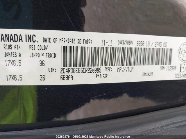 Aukcja sprzedaży 2012 Dodge Grand Caravan R/t, vin: 2C4RDGEG5CR220089, numer aukcji: 20262579