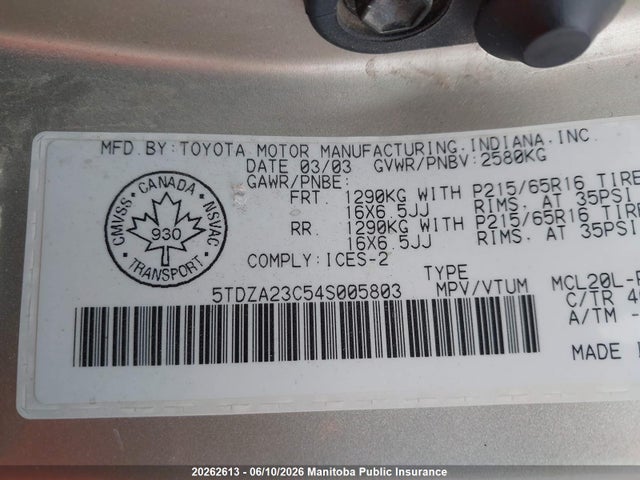 2004 Toyota Sienna Le V6 მანქანა იყიდება აუქციონზე, vin: 5TDZA23C54S005803, აუქციონის ნომერი: 20262613