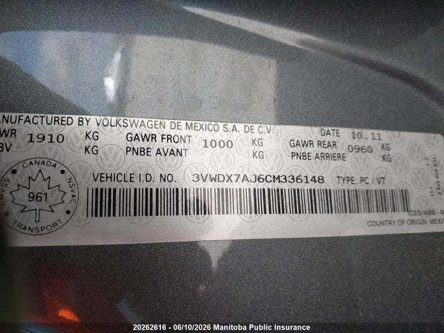 20262616 :رقم المزاد ، 3VWDX7AJ6CM336148 vin ، 2012 Volkswagen Jetta 2.5 مزاد بيع