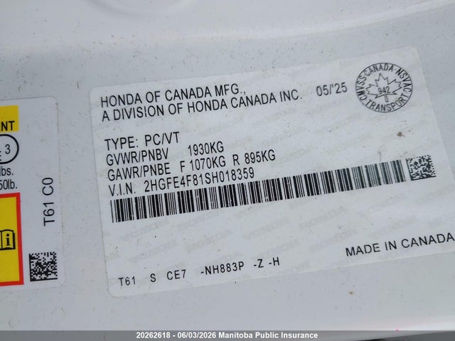 Aukcja sprzedaży 2025 Honda Civic Sport Hev, vin: 2HGFE4F81SH018359, numer aukcji: 20262618