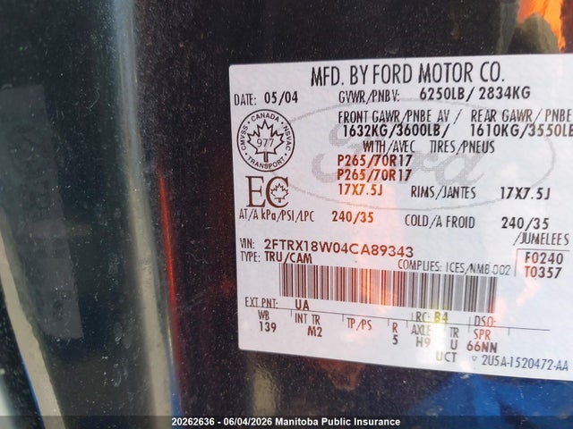 Продажа на аукционе авто 2004 Ford F150 Xlt Supercab, vin: 2FTRX18W04CA89343, номер лота: 20262636