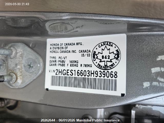 Продаж на аукціоні авто 2003 Honda Civic Lx, vin: 2HGES16603H939068, номер лоту: 20262644