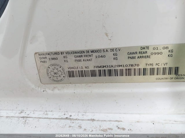 20262649 :رقم المزاد ، 3VWGM31K28M107870 vin ، 2008 Volkswagen Jetta 2.5 مزاد بيع