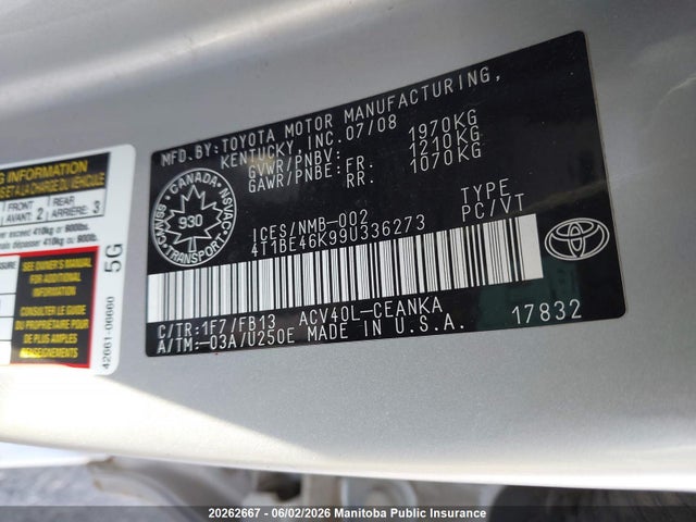 Продаж на аукціоні авто 2009 Toyota Camry Le, vin: 4T1BE46K99U336273, номер лоту: 20262667