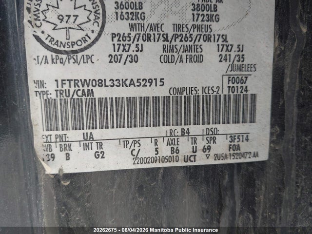 2003 Ford F150 Supercrew მანქანა იყიდება აუქციონზე, vin: 1FTRW08L33KA52915, აუქციონის ნომერი: 20262675