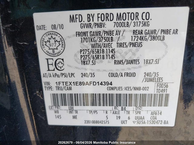 Продажа на аукционе авто 2010 Ford F150 Xtr Supercab, vin: 1FTEX1E89AFD14394, номер лота: 20262679