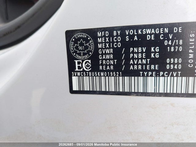 20262685 :رقم المزاد ، 3VWC57BU5KM019521 vin ، 2019 Volkswagen Jetta 1.4 Tsi مزاد بيع
