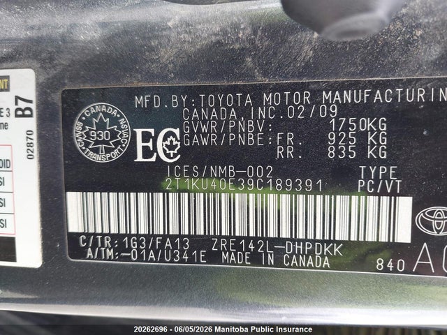 20262696 :رقم المزاد ، 2T1KU40E39C189391 vin ، 2009 Toyota Matrix مزاد بيع