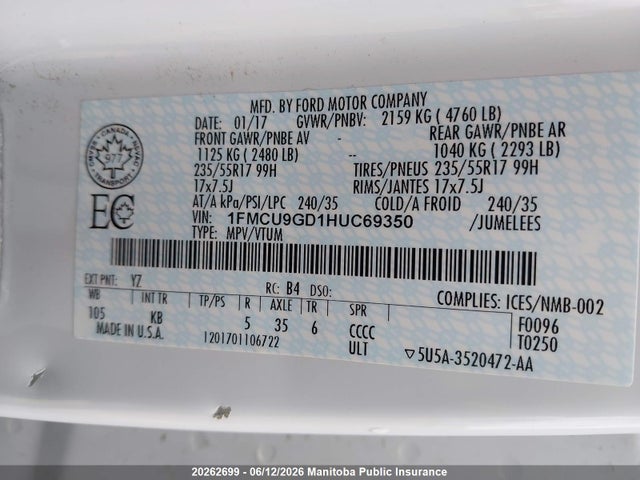 1FMCU9GD1HUC69350 Ford ESCAPE SE