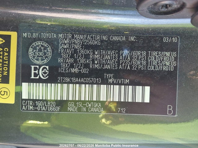 20262707 :رقم المزاد ، 2T2BK1BA4AC057013 vin ، 2010 Lexus Rx 350 350 مزاد بيع