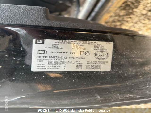 20262717 :رقم المزاد ، 1GTEK19049Z249712 vin ، 2009 Gmc Sierra 1500 Slt Ext Cab مزاد بيع