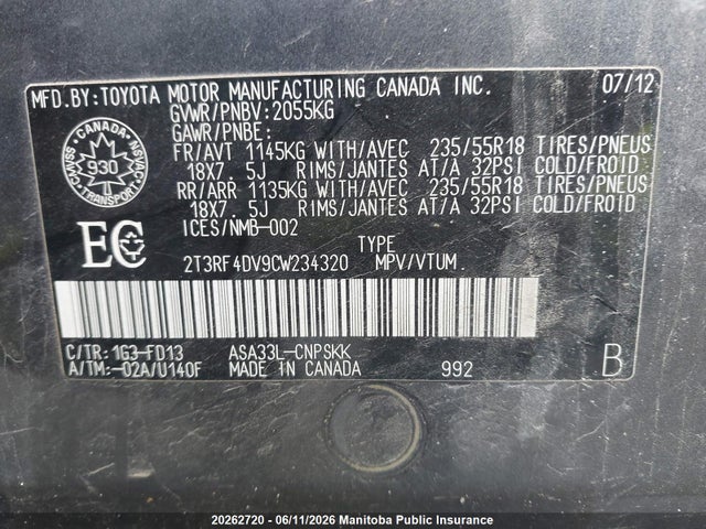 2012 Toyota Rav4 მანქანა იყიდება აუქციონზე, vin: 2T3RF4DV9CW234320, აუქციონის ნომერი: 20262720