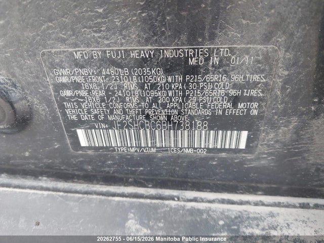 Продаж на аукціоні авто 2011 Subaru Forester 2.5 X, vin: JF2SHCBC6BH738188, номер лоту: 20262755