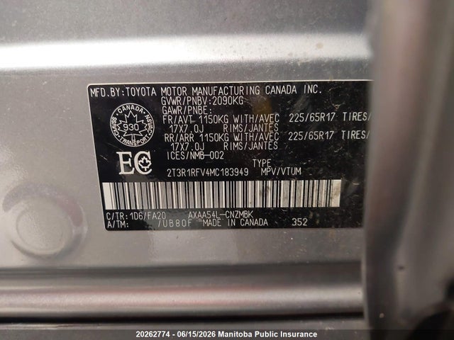 2T3R1RFV4MC183949 Toyota Rav4 Xle