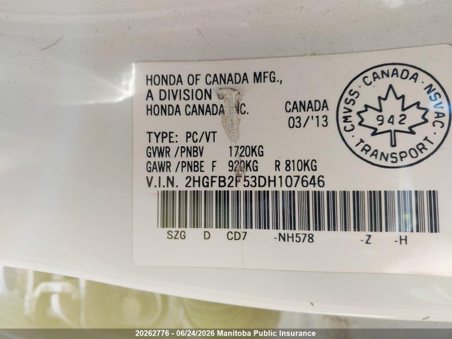Продаж на аукціоні авто 2013 Honda Civic Ex, vin: 2HGFB2F53DH107646, номер лоту: 20262776