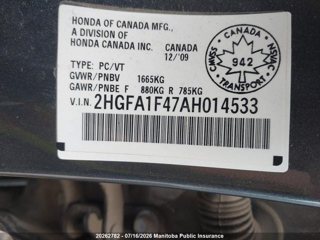 2010 Honda Civic Dx-a მანქანა იყიდება აუქციონზე, vin: 2HGFA1F47AH014533, აუქციონის ნომერი: 20262782