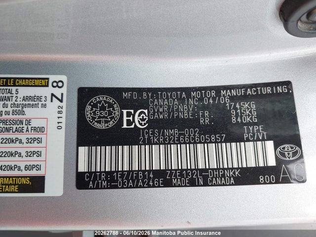 20262788 :رقم المزاد ، 2T1KR32E66C605857 vin ، 2006 Toyota Matrix Xr مزاد بيع