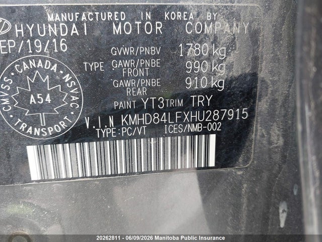 KMHD84LFXHU287915 Hyundai ELANTRA GL