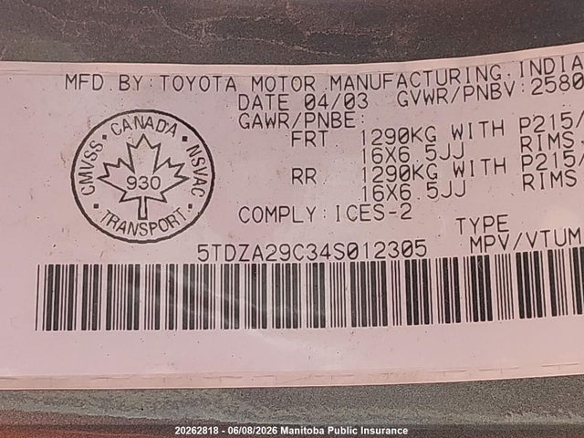 20262818 :رقم المزاد ، 5TDZA29C34S012305 vin ، 2004 Toyota Sienna Ce V6 مزاد بيع