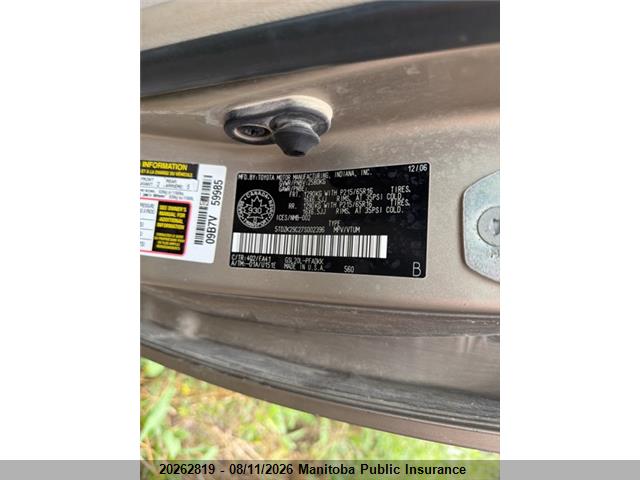 20262819 :رقم المزاد ، 5TDZK29C27S002396 vin ، 2007 Toyota Sienna Ce V6 مزاد بيع