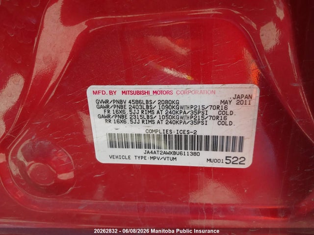 Продаж на аукціоні авто 2011 Mitsubishi Outlander Es, vin: JA4AT2AWXBU611380, номер лоту: 20262832