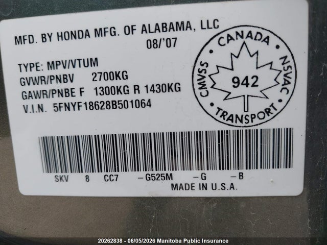 2008 Honda Pilot Ex-l მანქანა იყიდება აუქციონზე, vin: 5FNYF18628B501064, აუქციონის ნომერი: 20262838