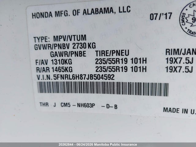 5FNRL6H87JB504592 Honda Odyssey Touring